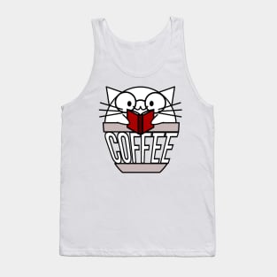 Cat in coffee cup with warped text reading book wearing glasses Tank Top